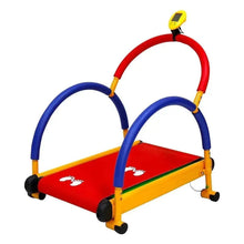 Kids folding treadmill with red running deck, blue hand arches, yellow frame, black feet