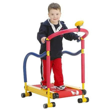 Kids folding treadmill with red deck, blue rails, and yellow frame on wheels