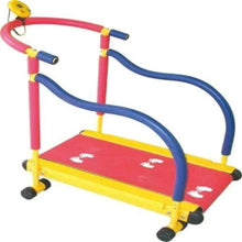 Kids folding treadmill with red deck, blue handrails, yellow frame, and black wheels