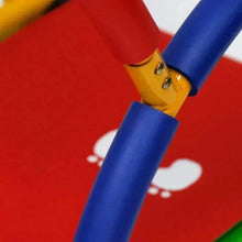 Kids folding treadmill close-up of blue rails with yellow connector hardware on red deck