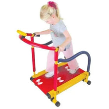 Kids folding treadmill with red running surface, blue side rails, and yellow frame