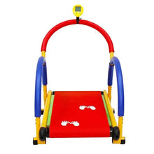 Kids folding treadmill front view with red deck, blue side rails, and yellow frame