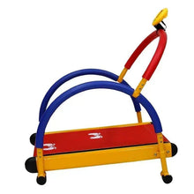 Kids folding treadmill with red deck, blue front guard, yellow frame, and black wheels