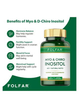 Green supplement bottle with gold cap and benefits icons for inositol