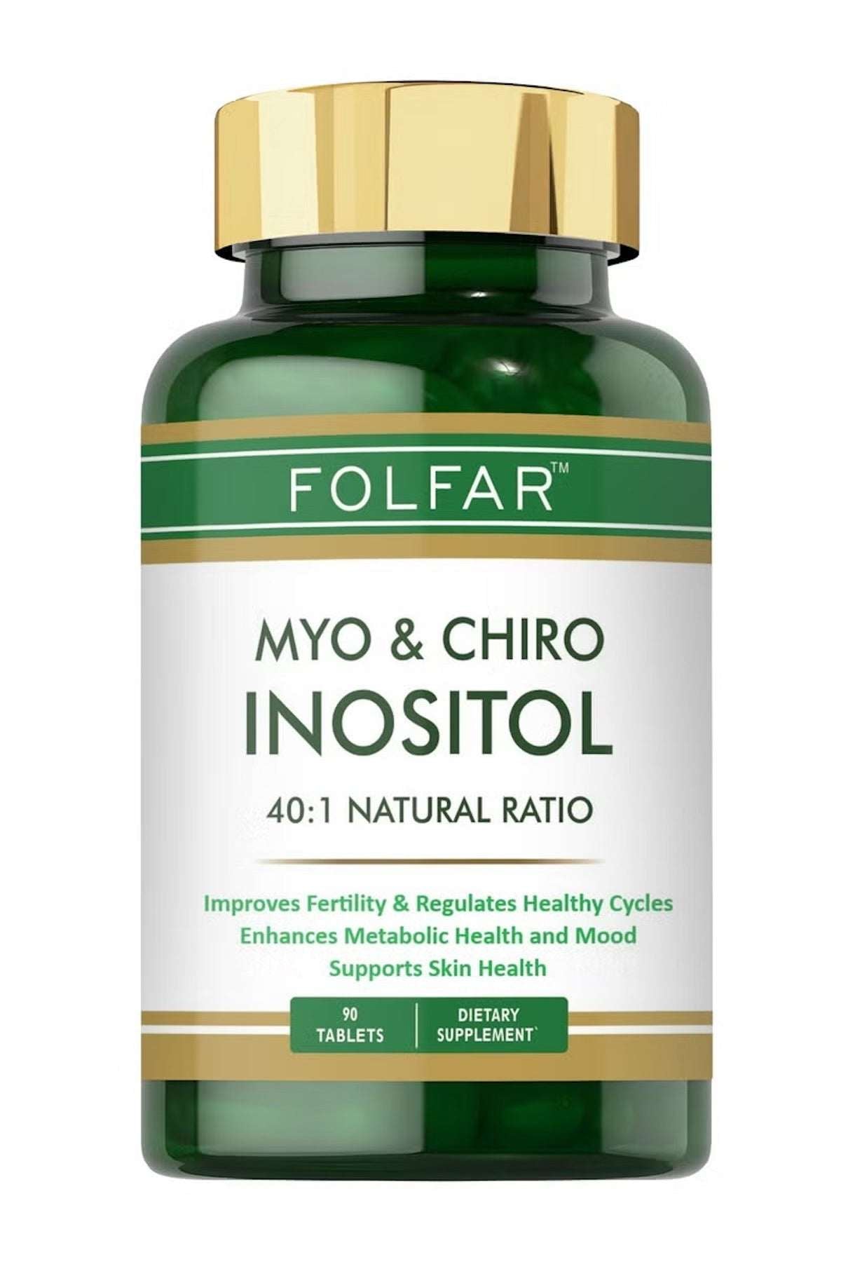 Folfar Myo and D-Chiro Inositol 40:1 supplement bottle for regulating cycles and supporting skin health