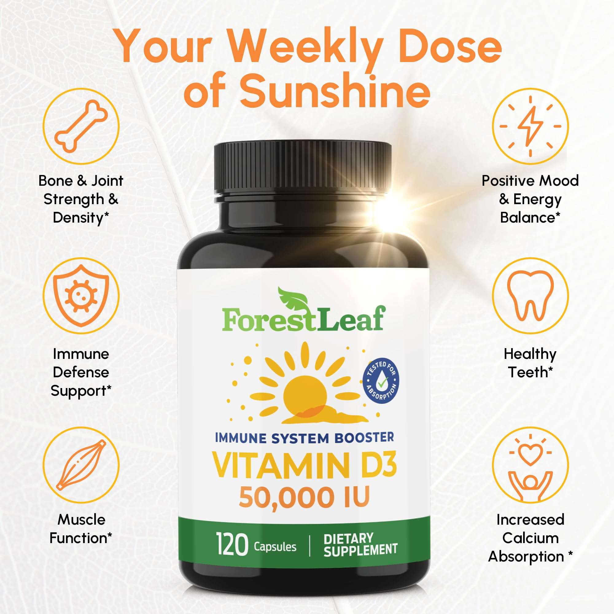 ForestLeaf bottle of Vitamin D3 50000 IU supplement 120 capsules immune support bone and teeth