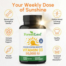 ForestLeaf Vitamin D3 50,000 IU supplement bottle with benefit icons