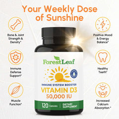 ForestLeaf bottle of Vitamin D3 50000 IU supplement 120 capsules immune support bone and teeth