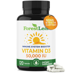 ForestLeaf bottle of Vitamin D3 50000 IU supplement 120 capsules immune system booster bone and teeth support white capsules