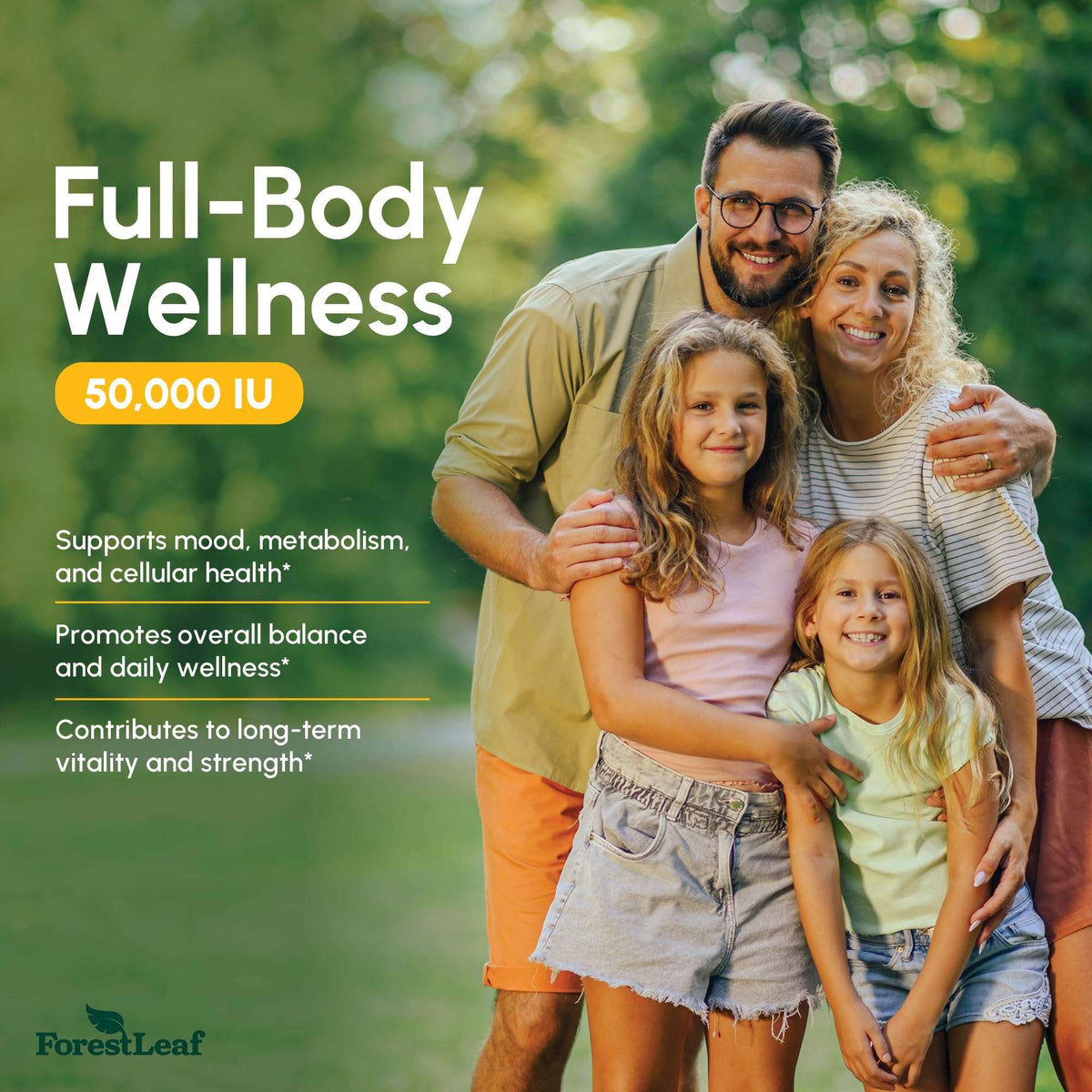 ForestLeaf Vitamin D3 50000 IU supplement banner with smiling family of four outdoors promoting full body wellness
