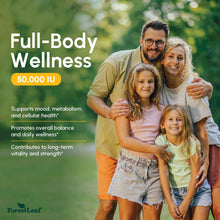ForestLeaf Vitamin D3 50,000 IU supplement promotional graphic with family