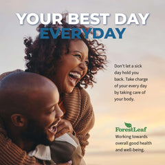 Smiling couple outdoors at sunrise with ForestLeaf promotional text for Vitamin D3 50000 IU supplement