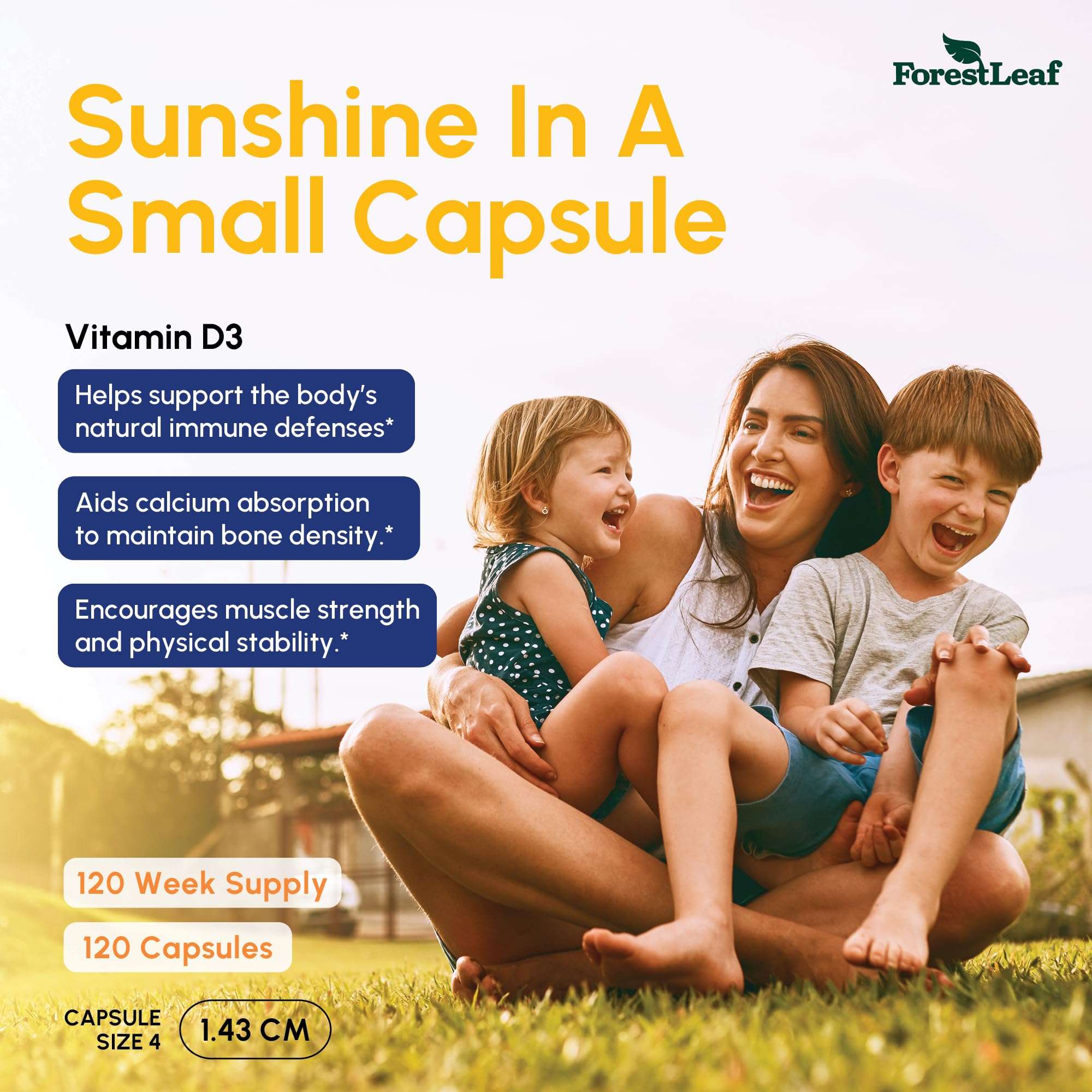 ForestLeaf Vitamin D3 50000 IU supplement image with smiling mother and two children sitting on grass