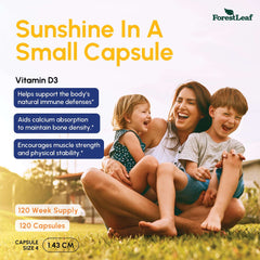 ForestLeaf Vitamin D3 50000 IU supplement image with smiling mother and two children sitting on grass