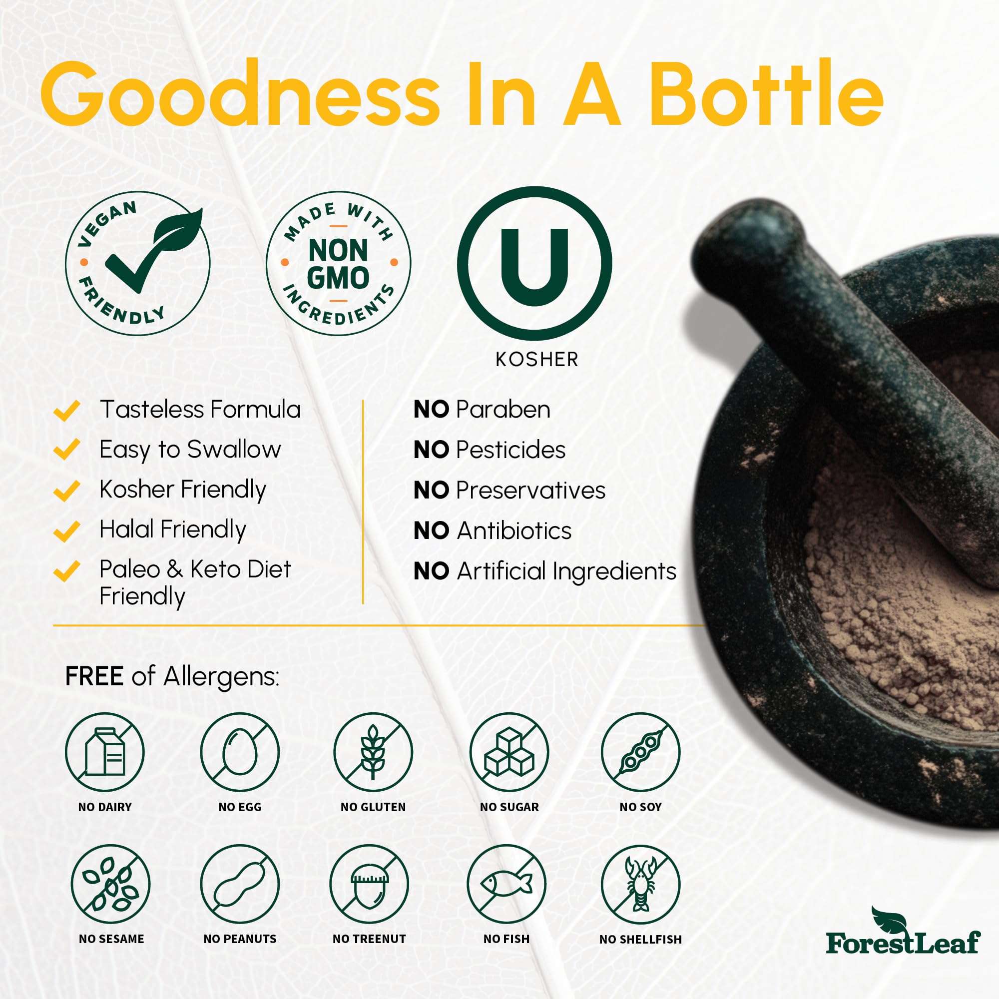 ForestLeaf label with mortar and pestle and vegan non GMO kosher allergen free icons for Vitamin D3 50000 IU supplement