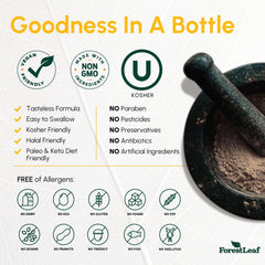 ForestLeaf label with mortar and pestle and vegan non GMO kosher allergen free icons for Vitamin D3 50000 IU supplement