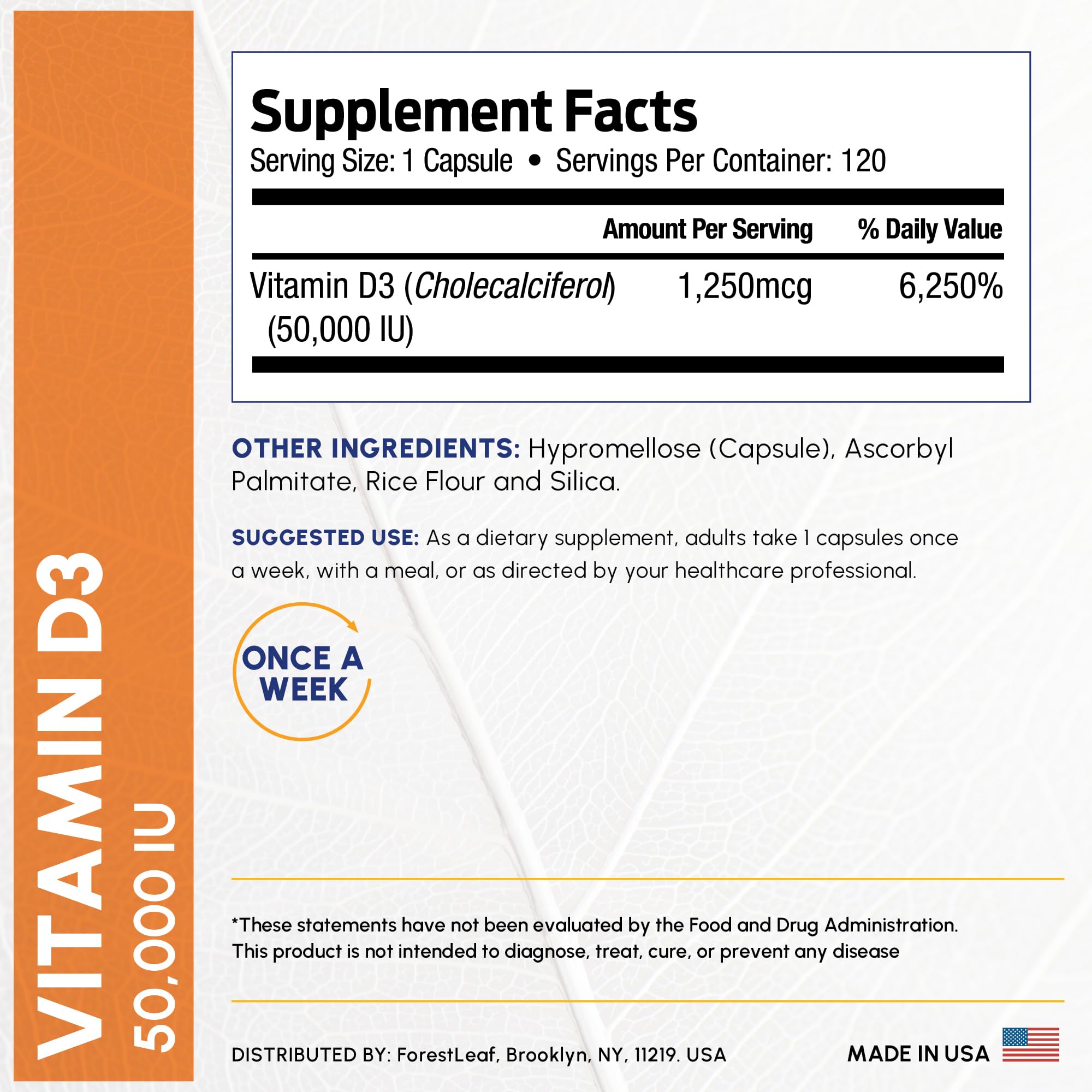 ForestLeaf label showing Supplement Facts and dosing for Vitamin D3 50000 IU supplement 120 capsules once a week