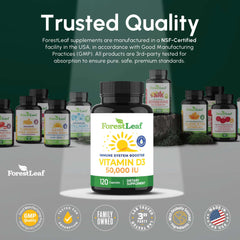 ForestLeaf bottle of Vitamin D3 50000 IU supplement 120 capsules front label immune system booster