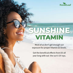 Woman smiling on beach with ForestLeaf Sunshine Vitamin ad promoting Vitamin D3 50000 IU supplement