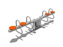 Four-seater outdoor seesaw for kids with four orange seats and metal handles