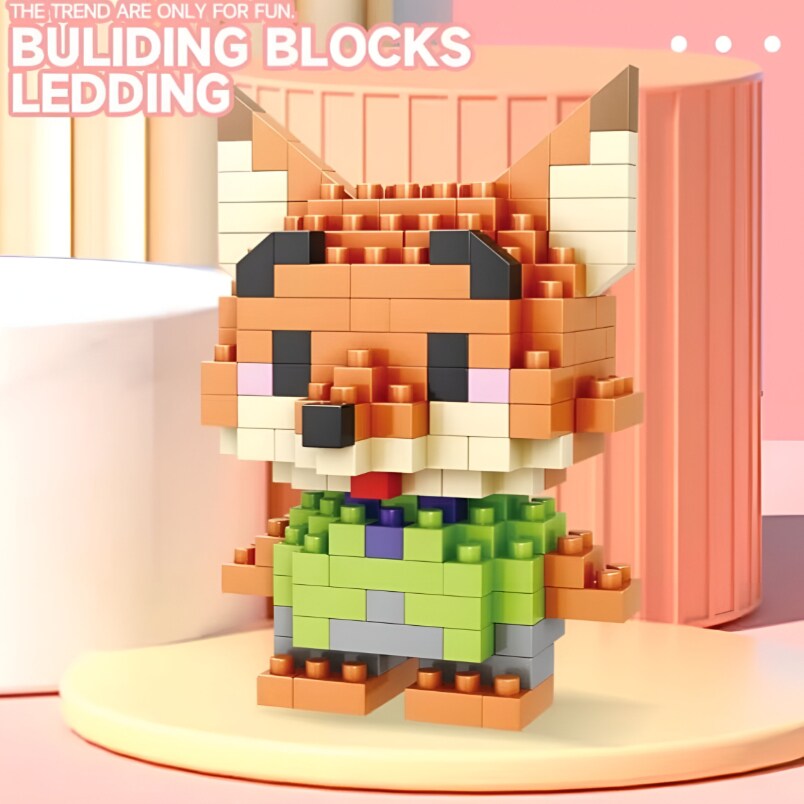 Huitich fox building block set assembled into a colorful fox figure wearing a green outfit
