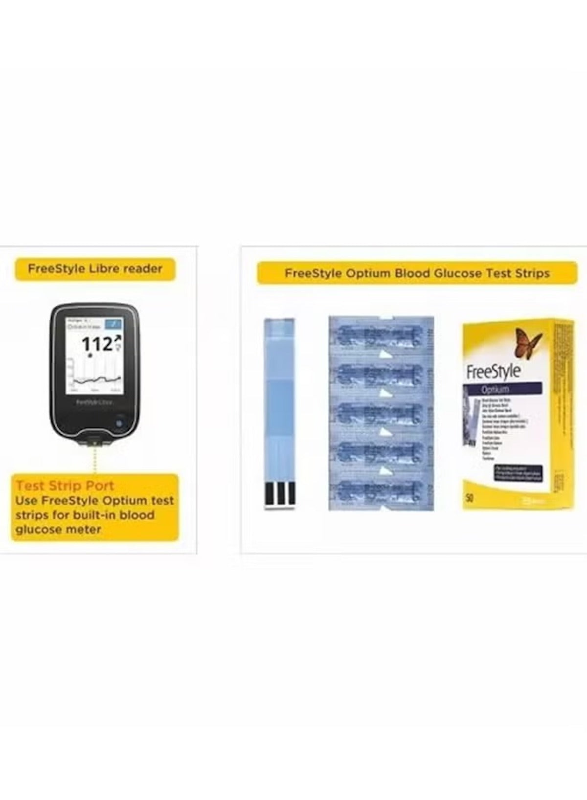 FreeStyle Optium Blood Glucose Test Strips pack with compatible glucose meter and test strip port