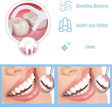Dental floss picks with illustrated gum cleaning steps and mouth close-up