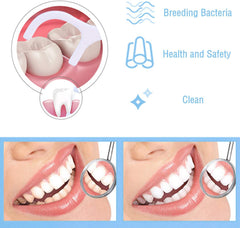 Beibi dental floss picks 160 pcs. closeup of a floss pick cleaning between molars with before and after smile