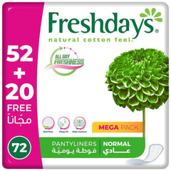 Freshdays daily liners 72 pads Mega Pack normal pantyliners packaging with green floral logo and pantyliner image