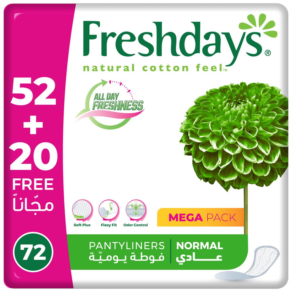 Freshdays daily liners 72 pads Mega Pack normal pantyliners packaging with green floral logo and pantyliner image