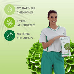 Smiling woman holding Freshdays box against green background with benefits icons and text Freshdays daily liners 72 pads