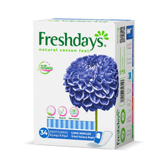 Freshdays daily liners long 34 pack pantyliners box with blue dahlia flower natural cotton feel