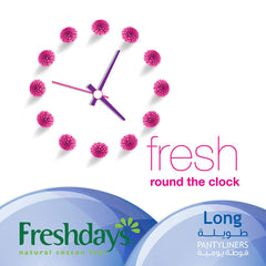 Freshdays daily liners long packaging with pink clock pom pom design Freshdays logo and long pantyliners label