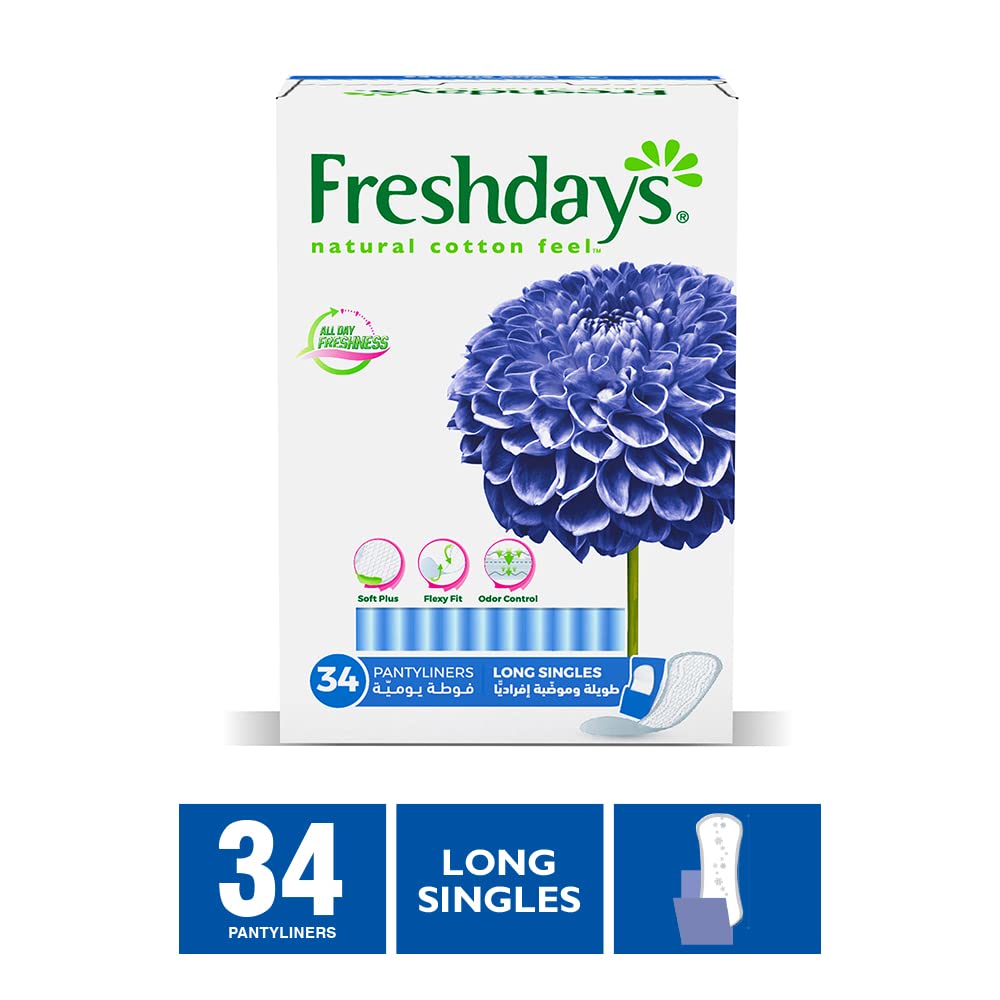 Freshdays daily liners long 34 count box long singles pantyliners natural cotton feel blue flower