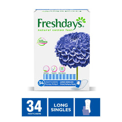 Freshdays daily liners long 34 count box long singles pantyliners natural cotton feel blue flower