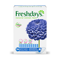 Freshdays daily liners long 34 count box pantyliners with blue flower packaging soft flexible odor control