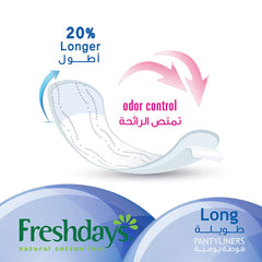 Freshdays daily liners long pantyliner showing 20 percent longer length odor control and natural cotton feel