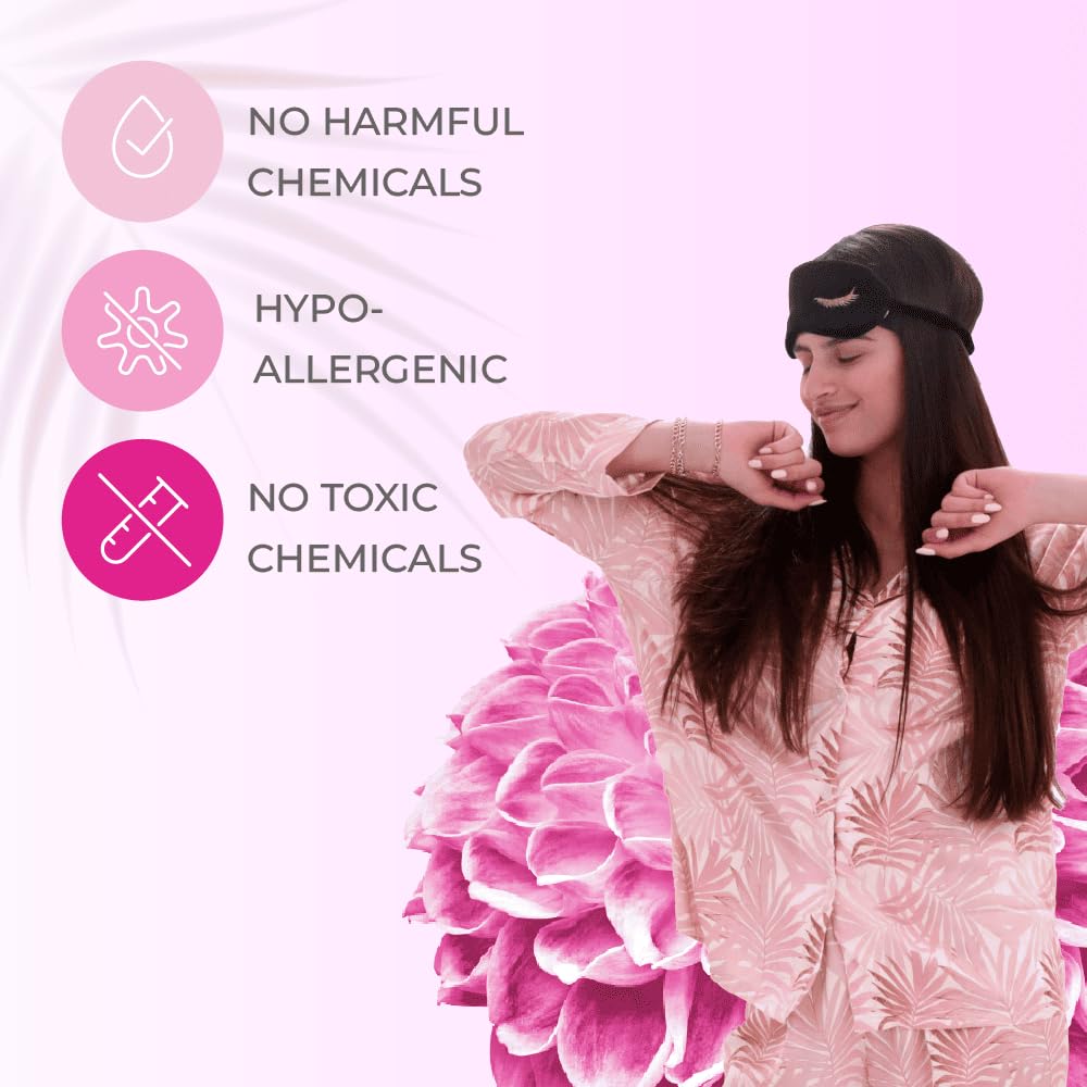 Woman in pink pajamas stretching with sleep mask near icons no harmful chemicals hypo allergenic and Freshdays daily liners