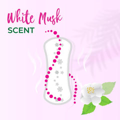 Freshdays daily liners White Musk scented panty liner with floral design and white camellia on pink background