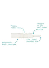White pliable gaspasser tube with rounded tip and stopper feature diagram