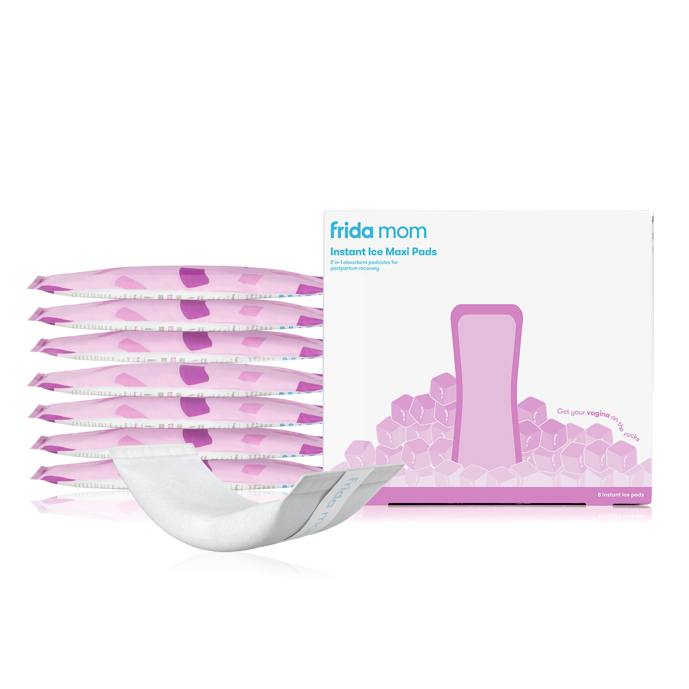 Frida Mom postpartum ice pads for women box with stacked individually wrapped pads and one exposed
