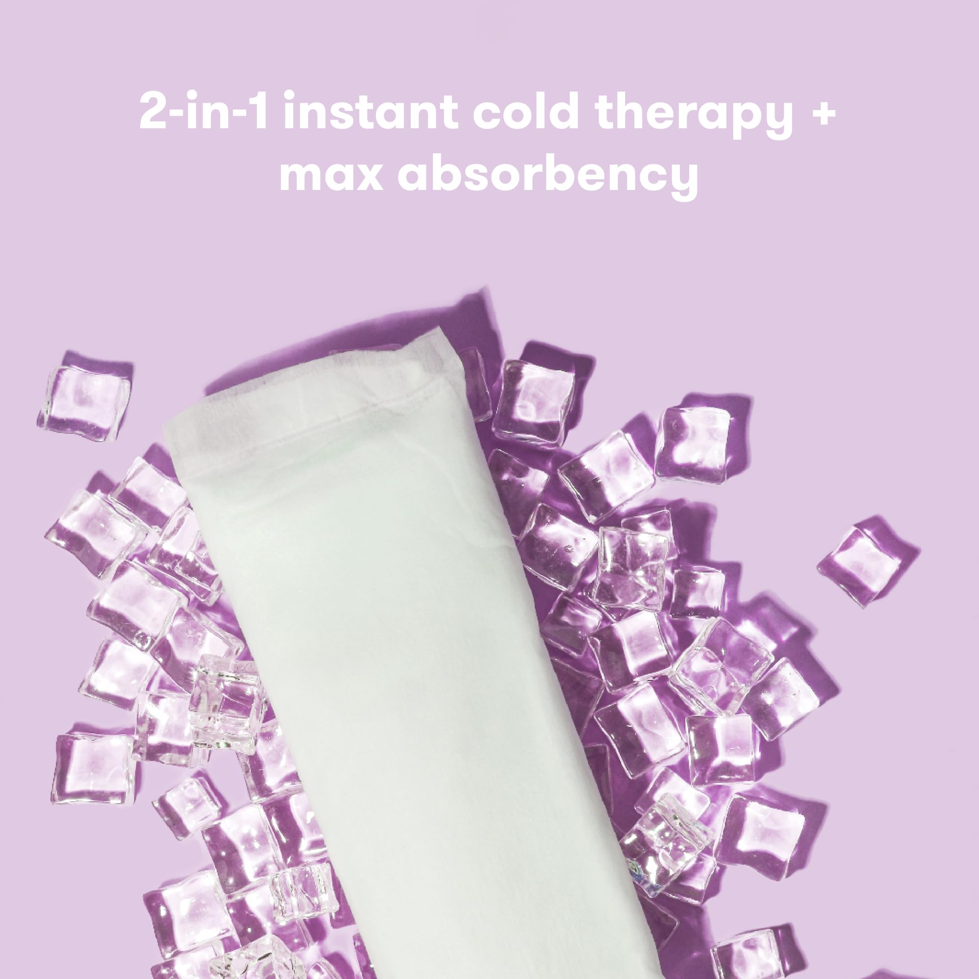 Frida Mom postpartum ice pads for women on purple background with ice cubes and absorbent pad