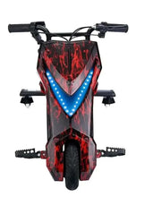 Red and black electric scooter, blue LED V-shaped front lights, front view