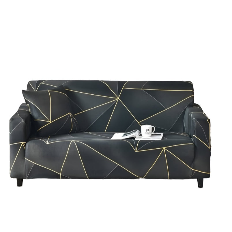 Huitich elastic double seat couch cover in black with gold geometric pattern on loveseat sofa