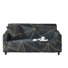 Huitich elastic double seat couch cover in black with gold geometric pattern on loveseat sofa