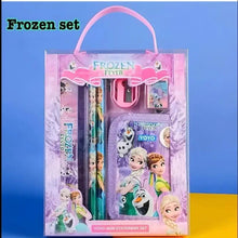 Kids Frozen stationery set with pencil case, pens, and notebook in a pink handled bag