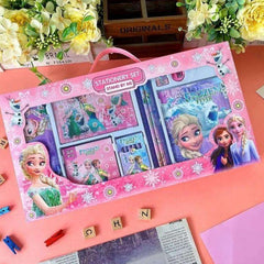 Frozen themed stationery set for kids by Huitich featuring colorful notebooks and pencils in pink packaging