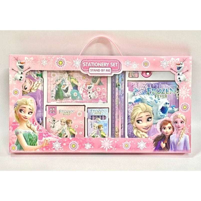 Frozen themed stationery set for kids featuring characters Elsa Anna and Olaf in pink packaging