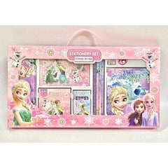 Frozen themed stationery set for kids featuring characters Elsa Anna and Olaf in pink packaging