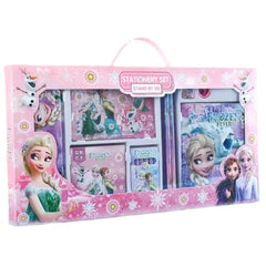 Frozen themed stationery set for kids by Huitich with notebook, stickers, and writing tools in pink packaging